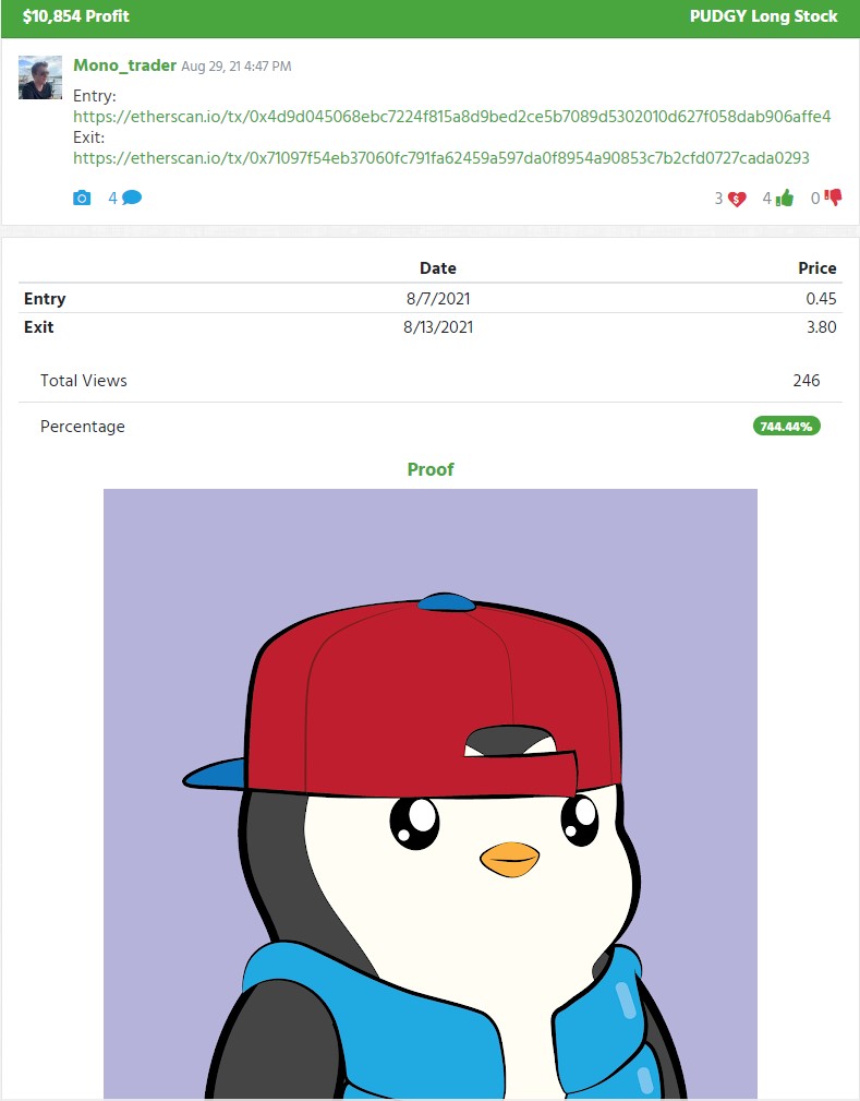 Matt Monaco Pudgy Penguin NFT proof of trade posted on Profit.ly